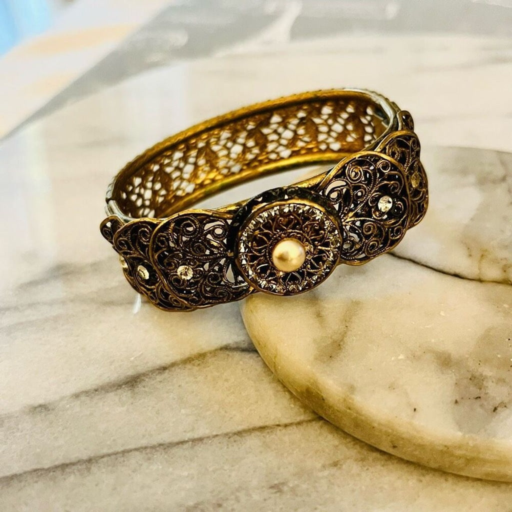 Antique Filigree Hinged Bangle Bracelet