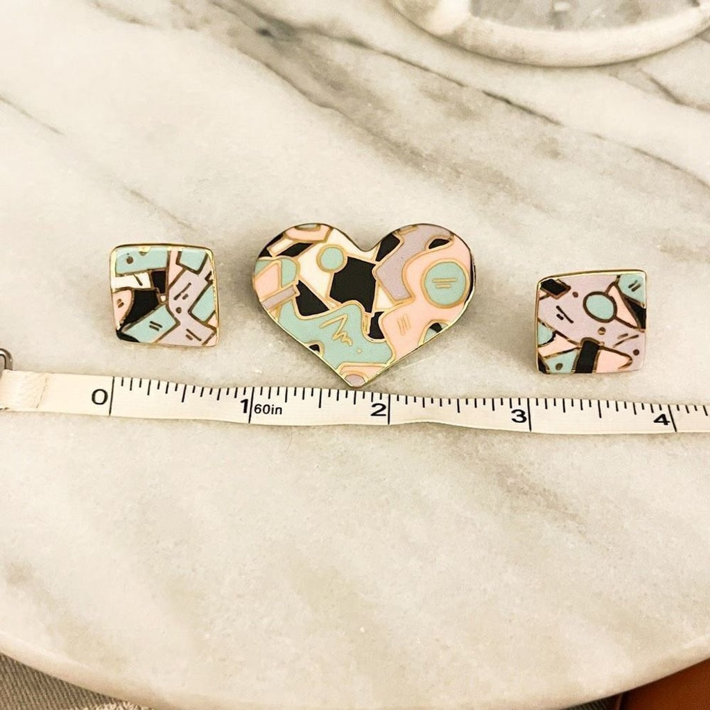 Vintage Cynthia Chuang Heart Brooch and Square Earrings Set